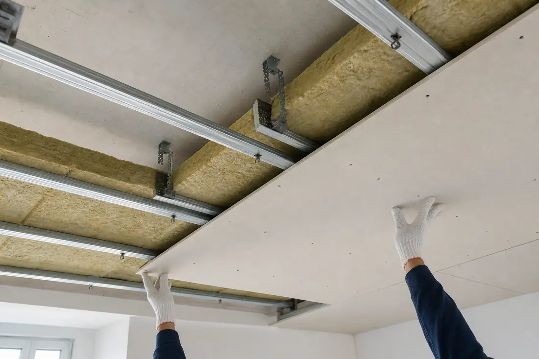 Pose d'un faux-plafond acoustique désolidarisé dans un appartement romand