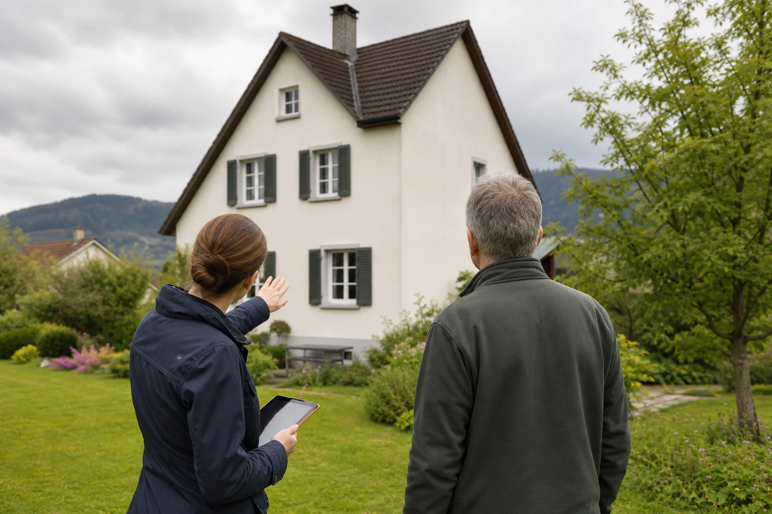 Propriétaire et conseillère examinant une maison suisse avant un projet d’isolation