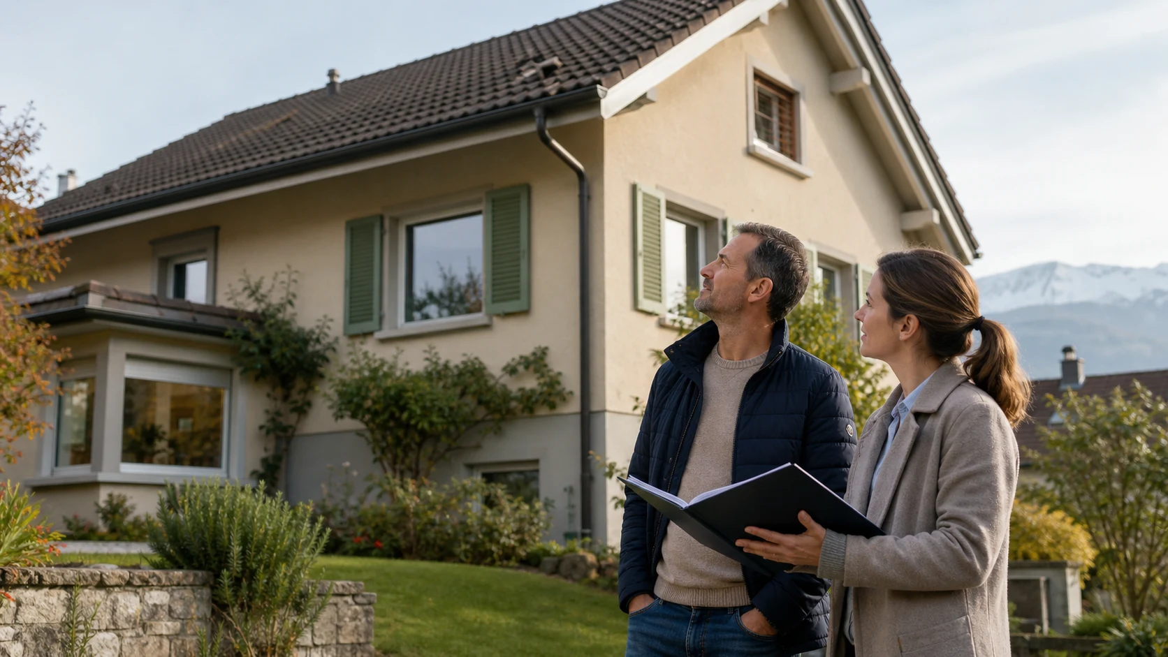 Une propriétaire et une conseillère examinent l’enveloppe d’une maison en Suisse romande avant un projet de rénovation